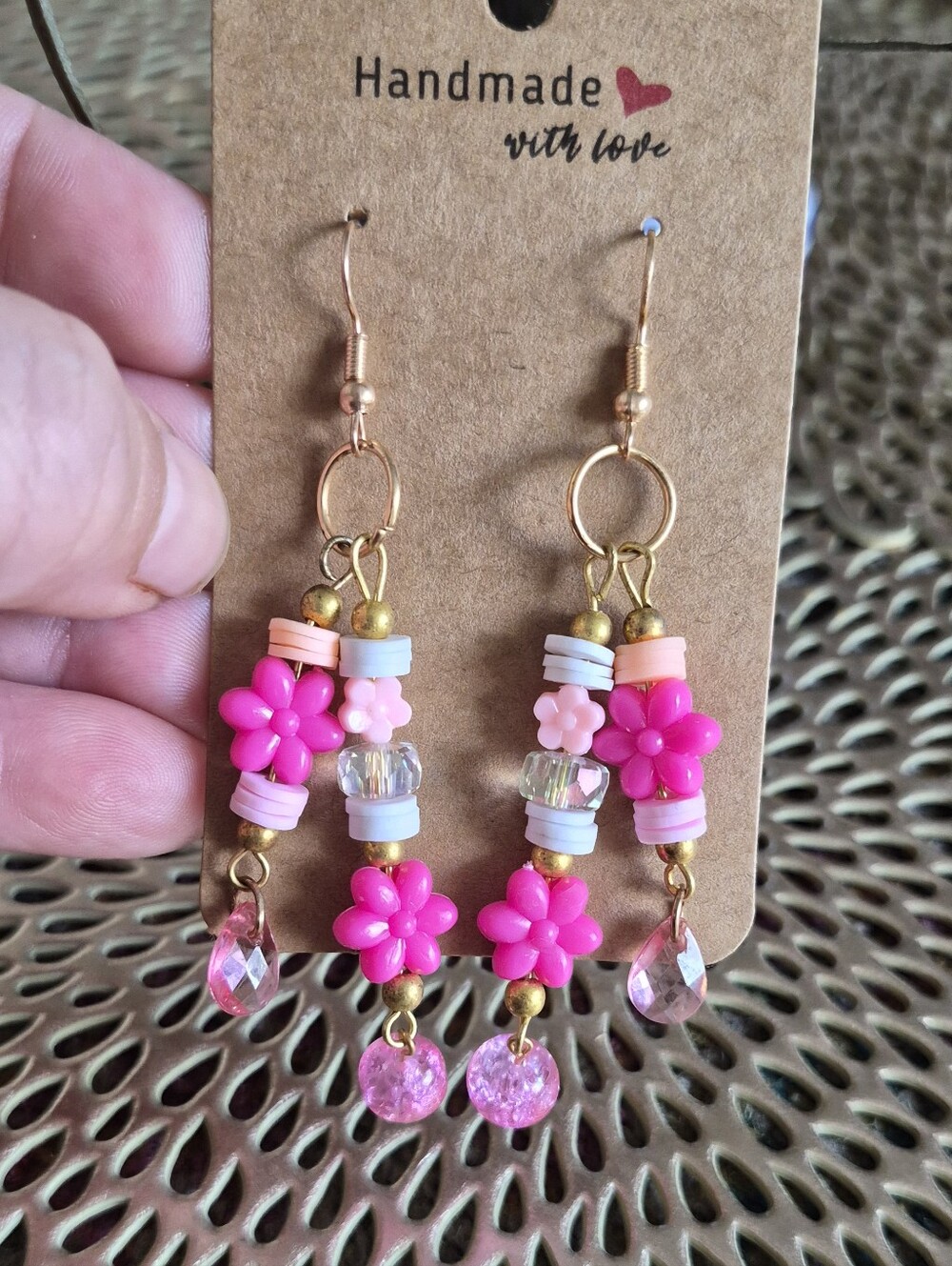Handmade Pink Floral Bead Dangle Earrings with Gold Accents